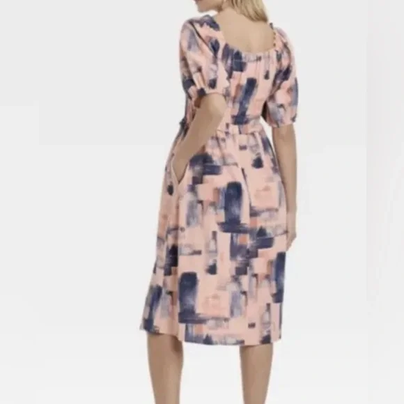 Universal Thread Pink Blue Pullover Puff Short Sleeve Elastic Waist Dress Medium - Picture 2 of 7